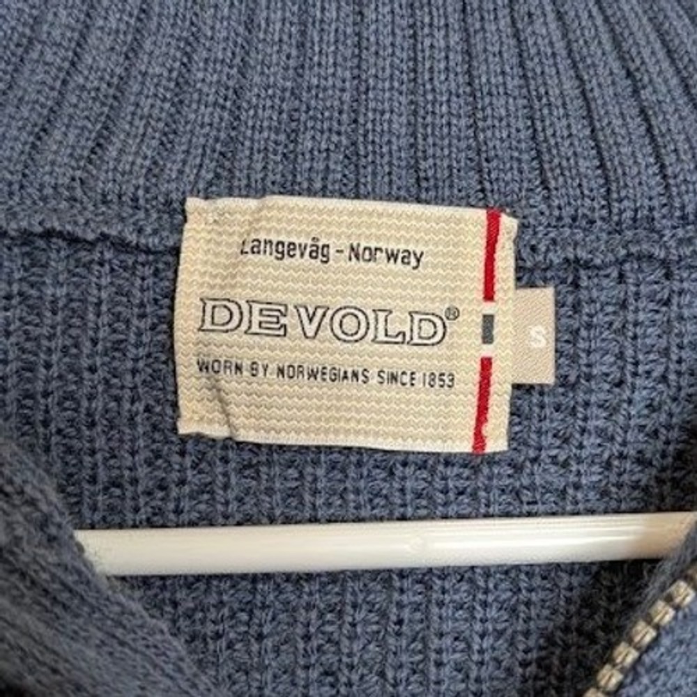 Devold Mens Small Navy Blue Knit Sweater Elbow Patches Norway 1/4 Zip Thumbholes View 6